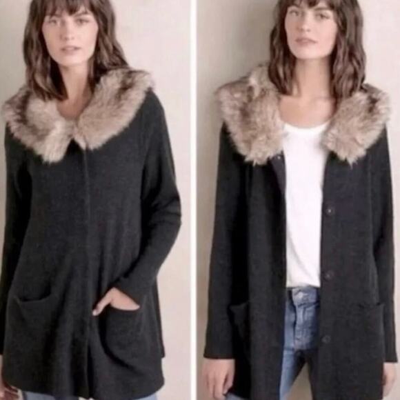 Anthropologie Moth Anouk Sweater Coat Sz Small faux fur lined long coat - Picture 2 of 8